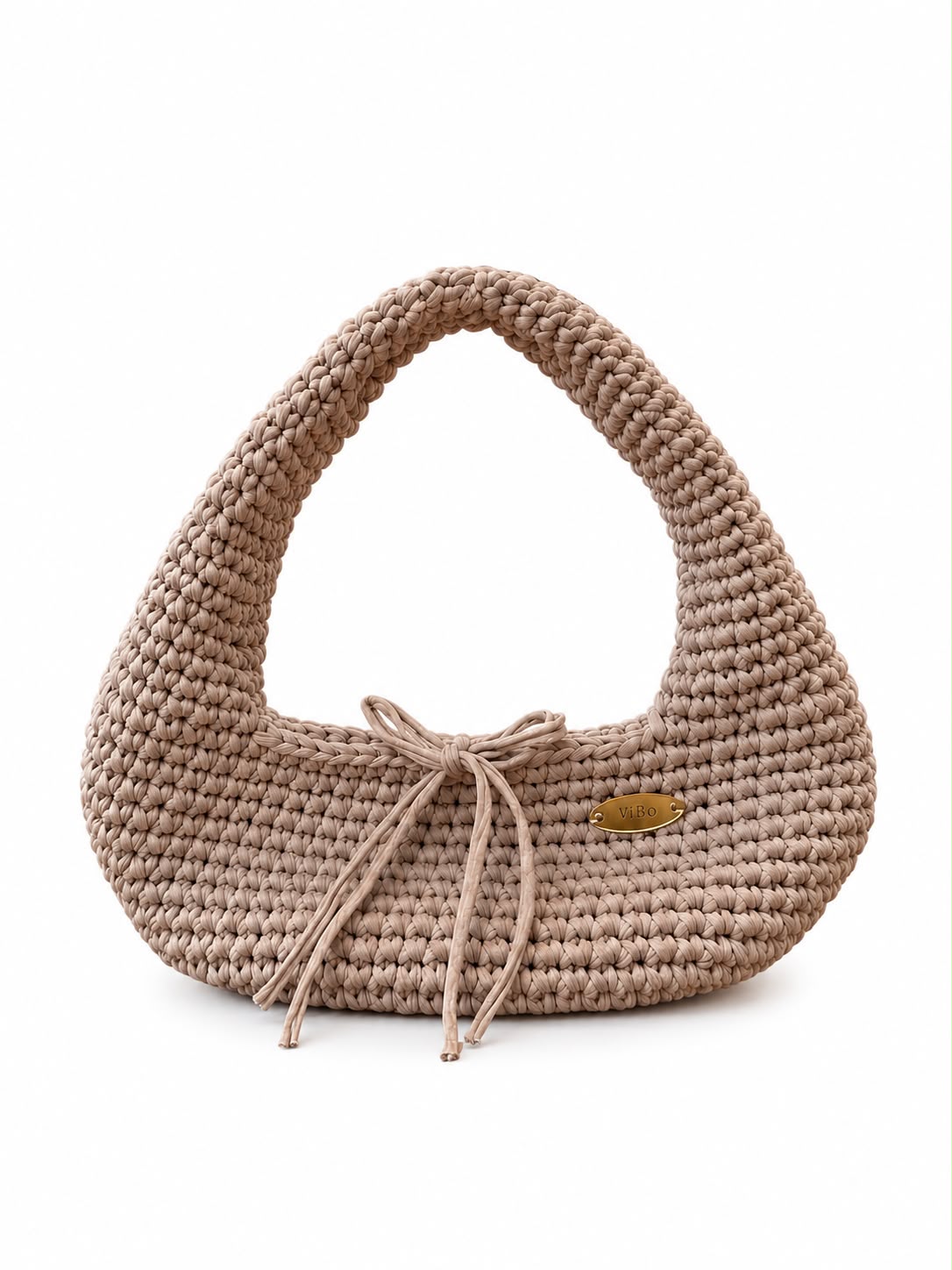 ViBo Boho Bag, blush crescent-shaped crochet bag with a bow tie closure