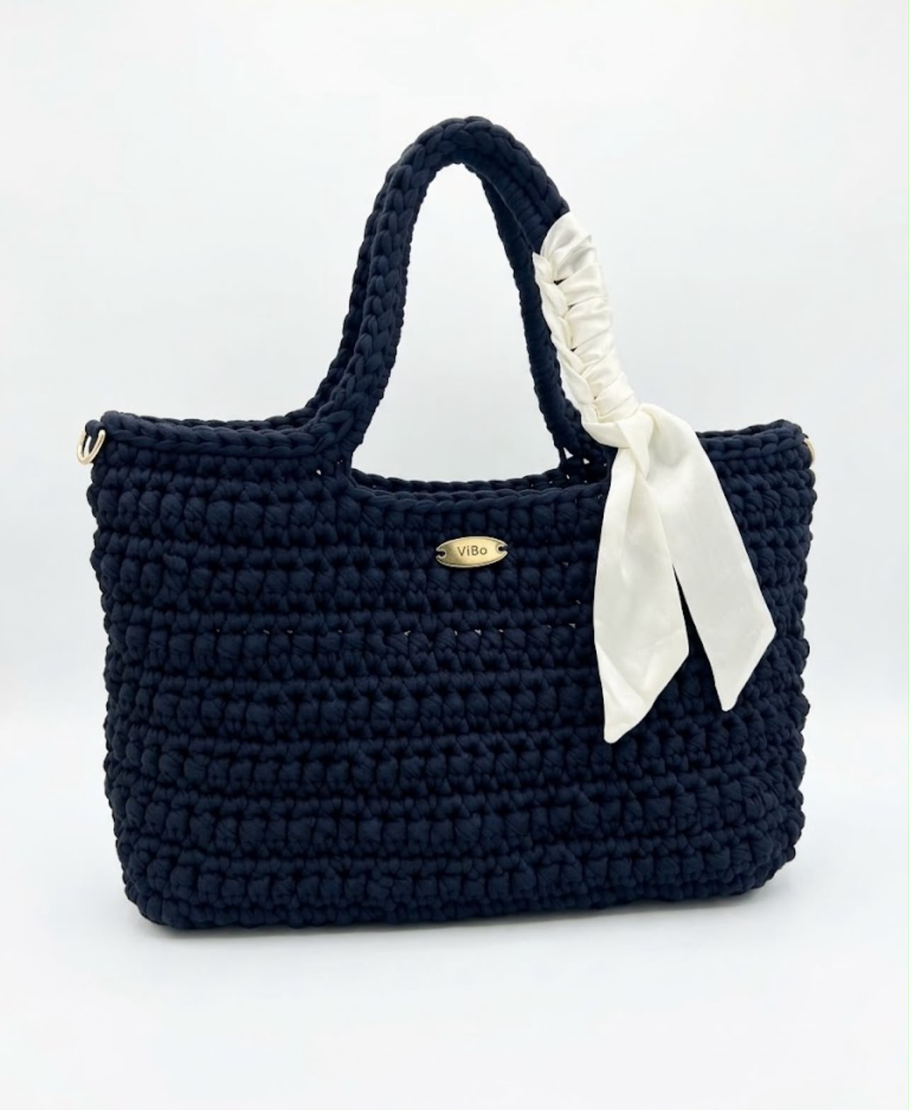 ViBo The Nova Tote, crochet tote in navy with a satin scarf
