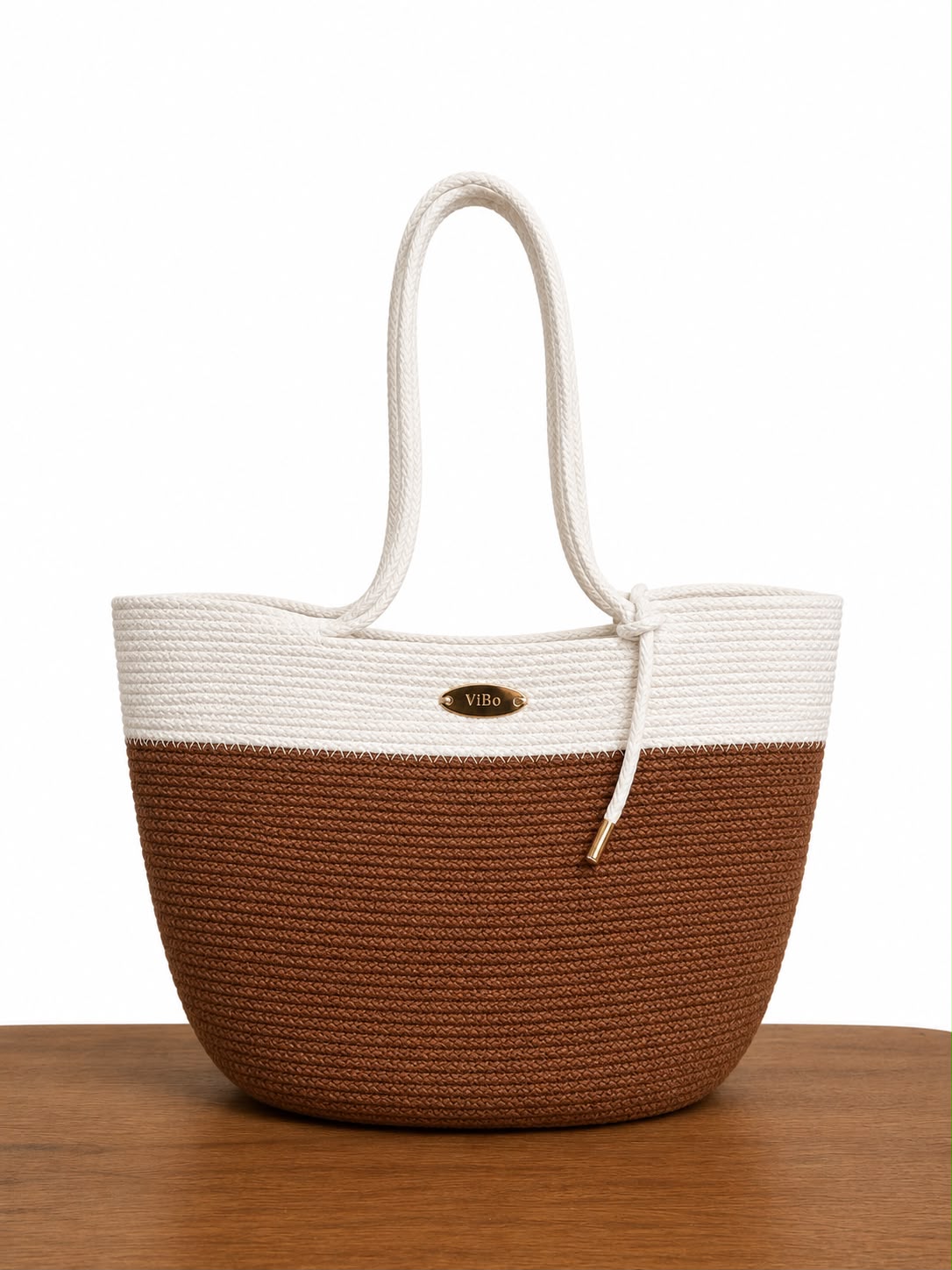 ViBo tote in White & Cinnamon, cream rope top with rust-brown rope base